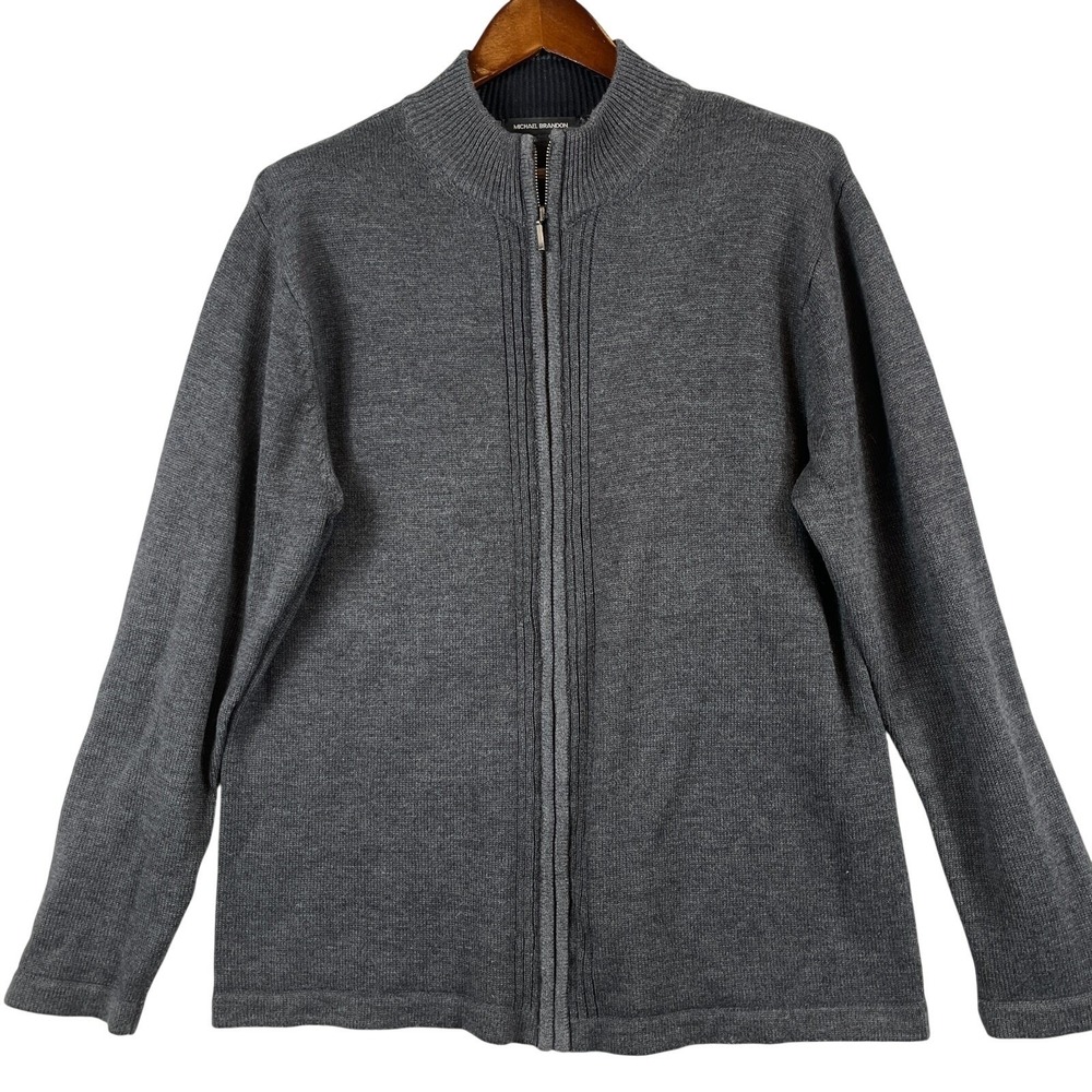 Michael Brandon Mens L Full Zip Mock Neck Sweater Charcoal Gray Classic Knit Rib